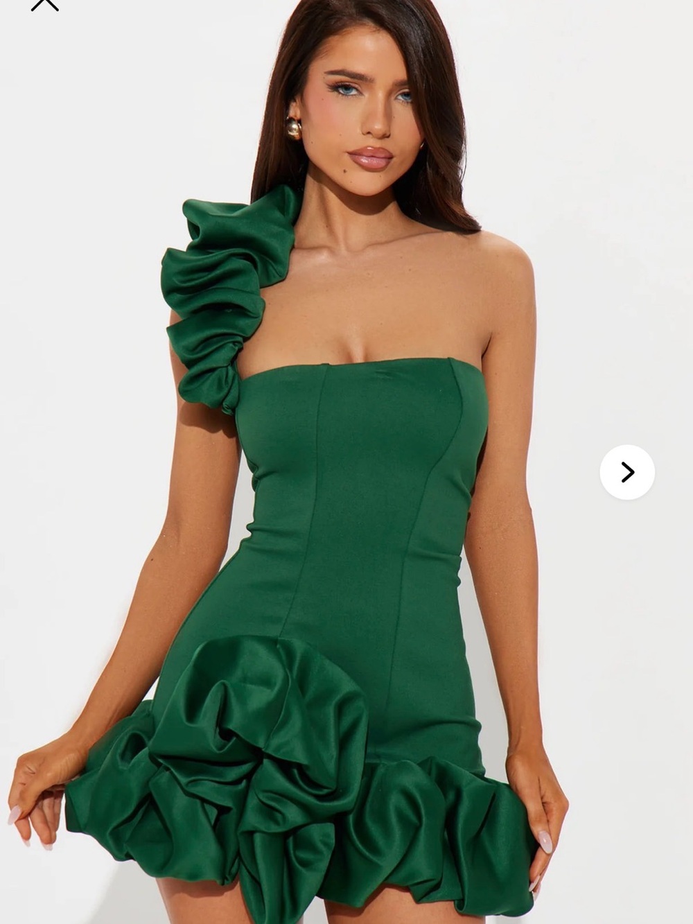Fashion Nova Emerald One-Shoulder Ruffle Mini Dress